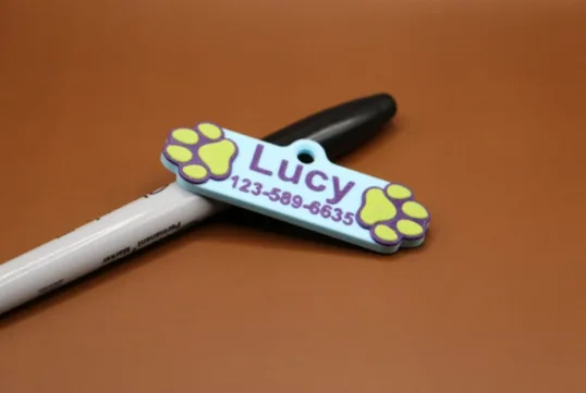 Chapita celeste con huellitas, el nombre Lucy y un teléfono